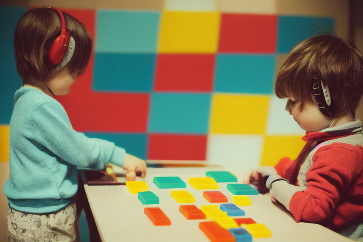 Two toddlers wearing headphones playing with colored blocks on a tab