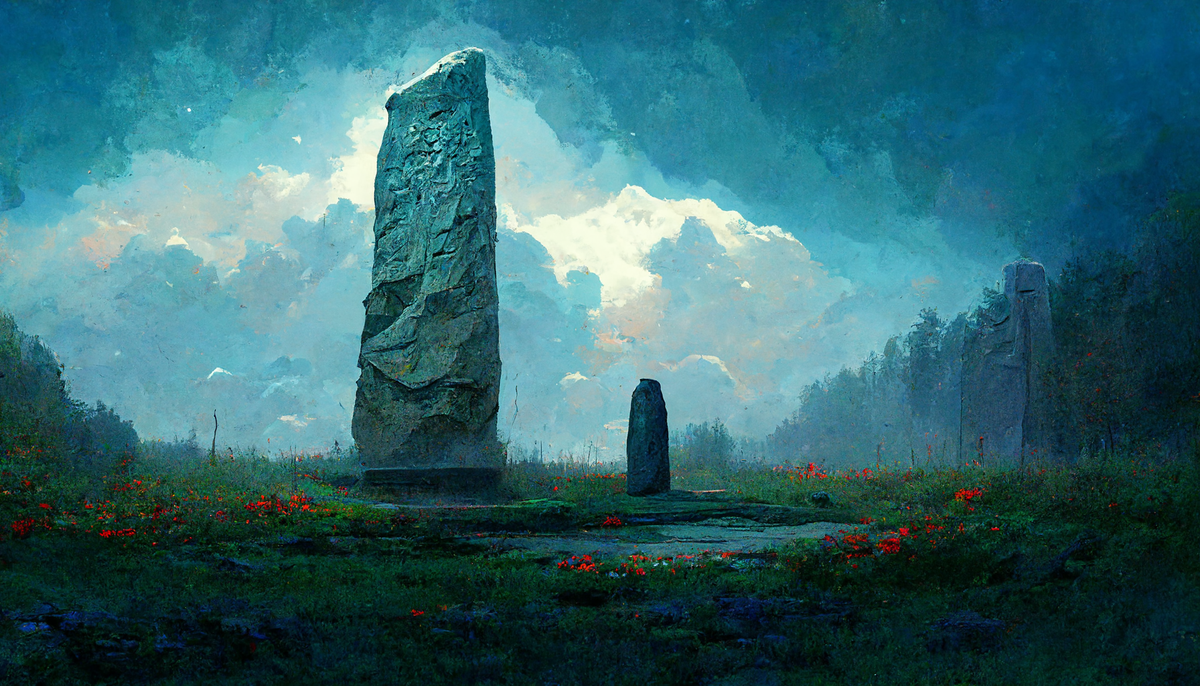 Large stone monument in a field with some red wildflowers with little stone buddy